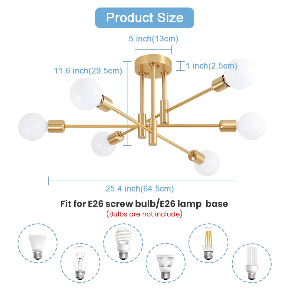 Biewalk 6-Light Sputnik Chandelier Ceiling Light Fixture, Gold and Black, Model gold8003, Modern Design for Dining Room and Kitchen