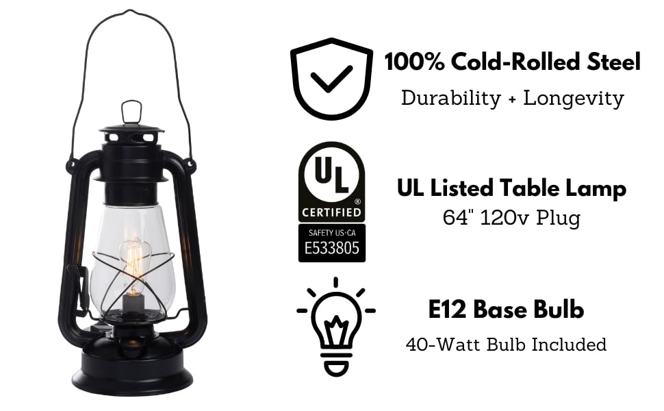 Muskoka Lifestyle Products Rustic Farmhouse Lantern Table Lamp, Dimmable, Glass, Medium Size, Black Finish