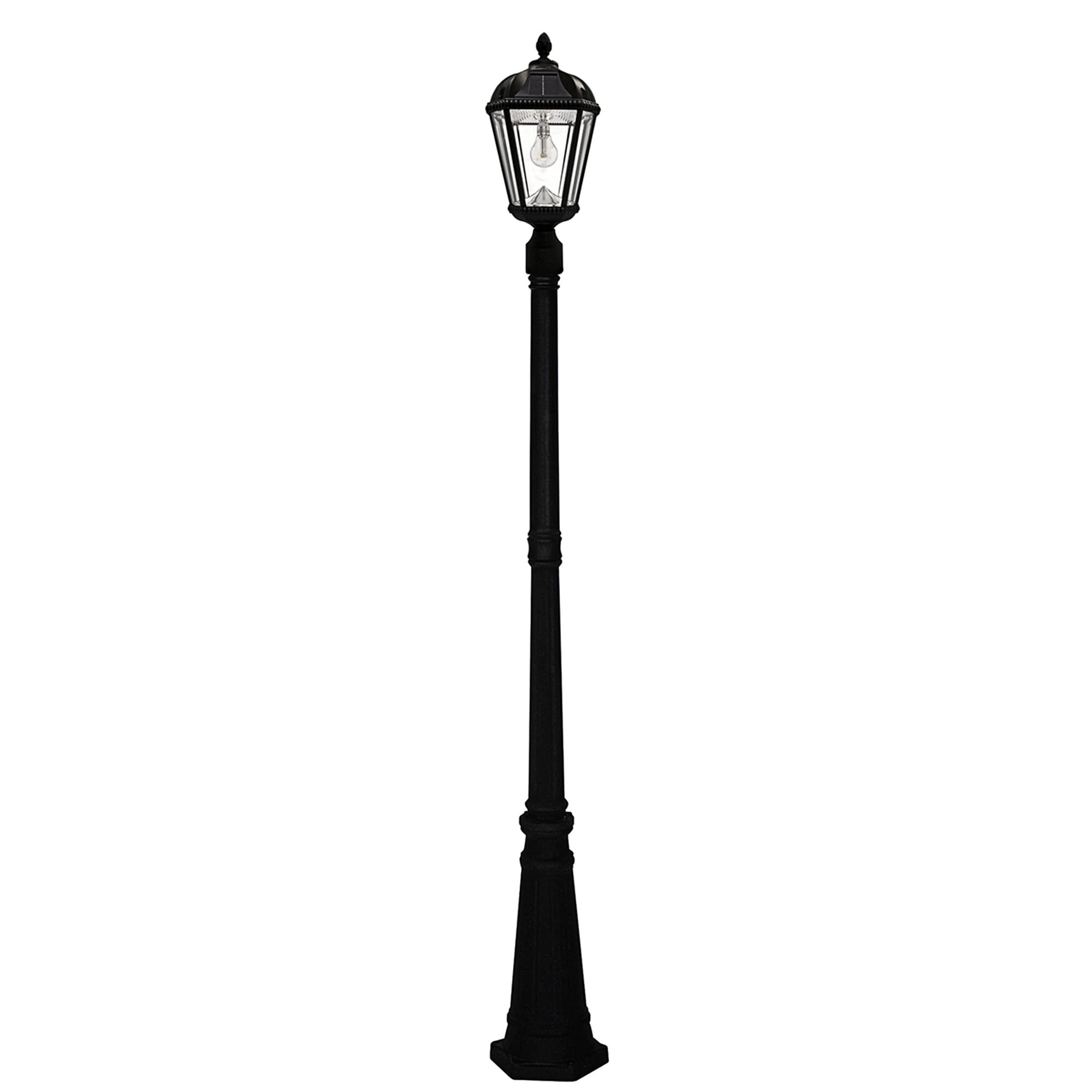 Gama Sonic Solar Outdoor Lamp Post Light, Black Cast Aluminum and Beveled Glass Panels, 10-Year Royal Bulb, Warm White LED with