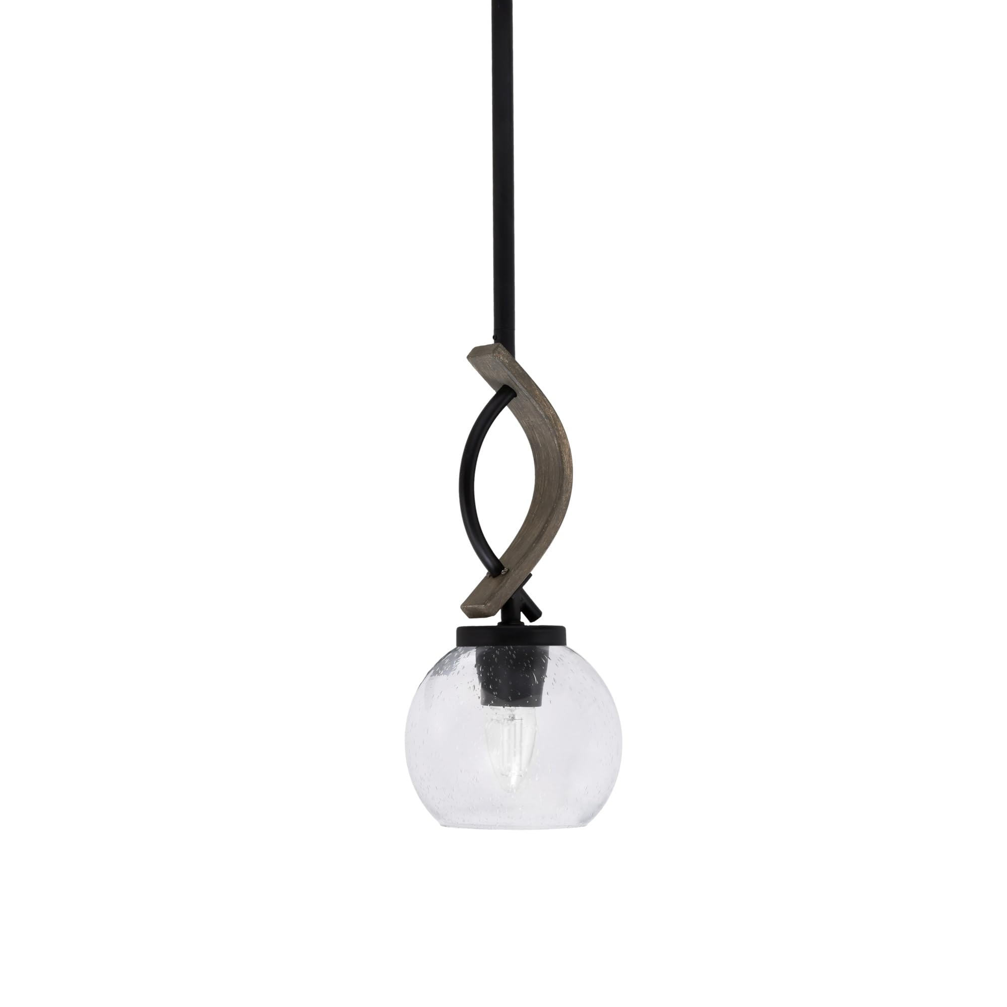 Toltec Lighting Monterey Stem Hung Mini Pendant - Matte Black, Distressed Wood-Look Metal, 5.75in Clear Bubble Glass
