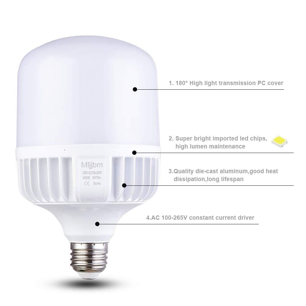 Velnex 250W-300W Equivalent Led Bulb, Daylight Bulb 5000K 35Watt Commercial Retrofit Led, Super Bright 3500Lumen Garage Light, E26 Base Light Bulb For Warehouse,Area,Basement, Home Light, 2Pack