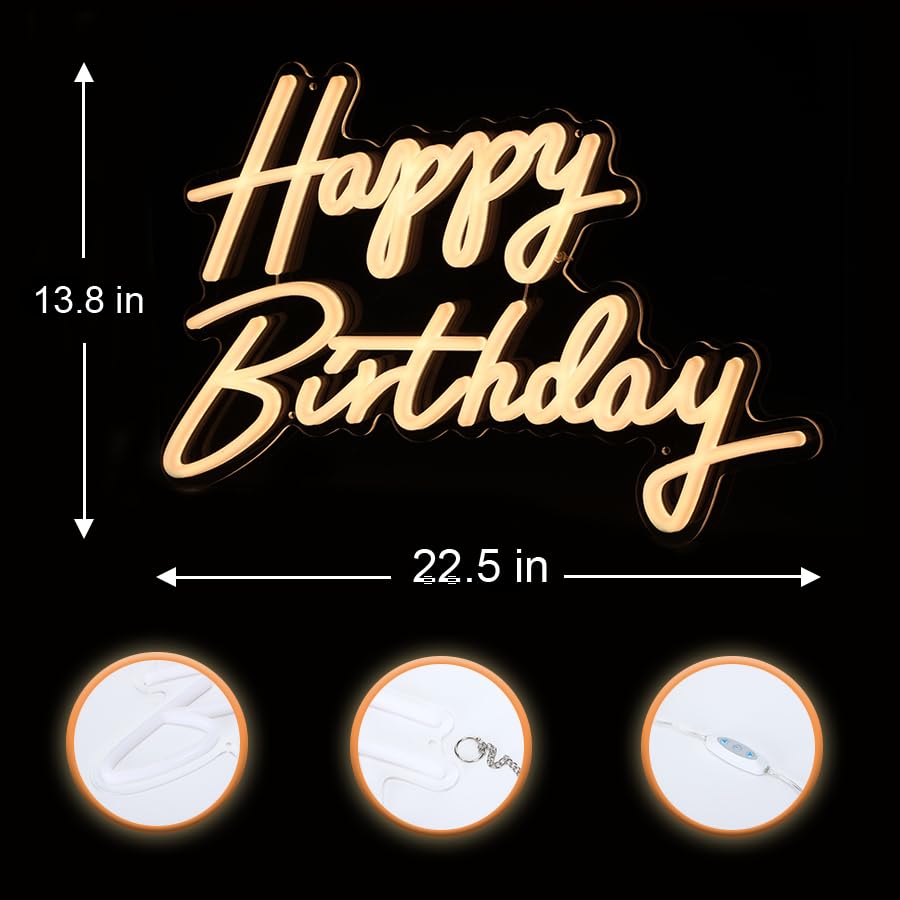 ColorSavvy Happy Birthday Neon Sign Large Neon Happy Birthday Sign for Backdrop with Dimmer Switch, Reusable Happy Birthday LED