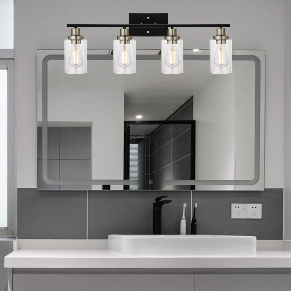 MELUCEE 4-Light Vanity Lights, Metal with Clear Glass Shade, Black and Brushed Nickel, Wall Mount for Bathroom and Bedroom
