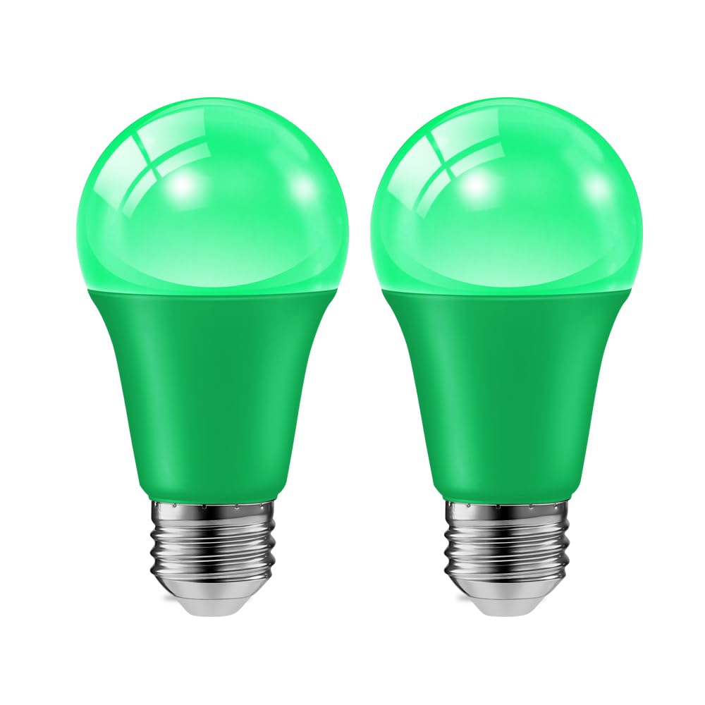 haraqi 2 Pack 9W (60W Equivalent) 120V E26 Base A19 LED Colored Light Bulb, Green LED Lights for Party Christmas Decor and Hallo