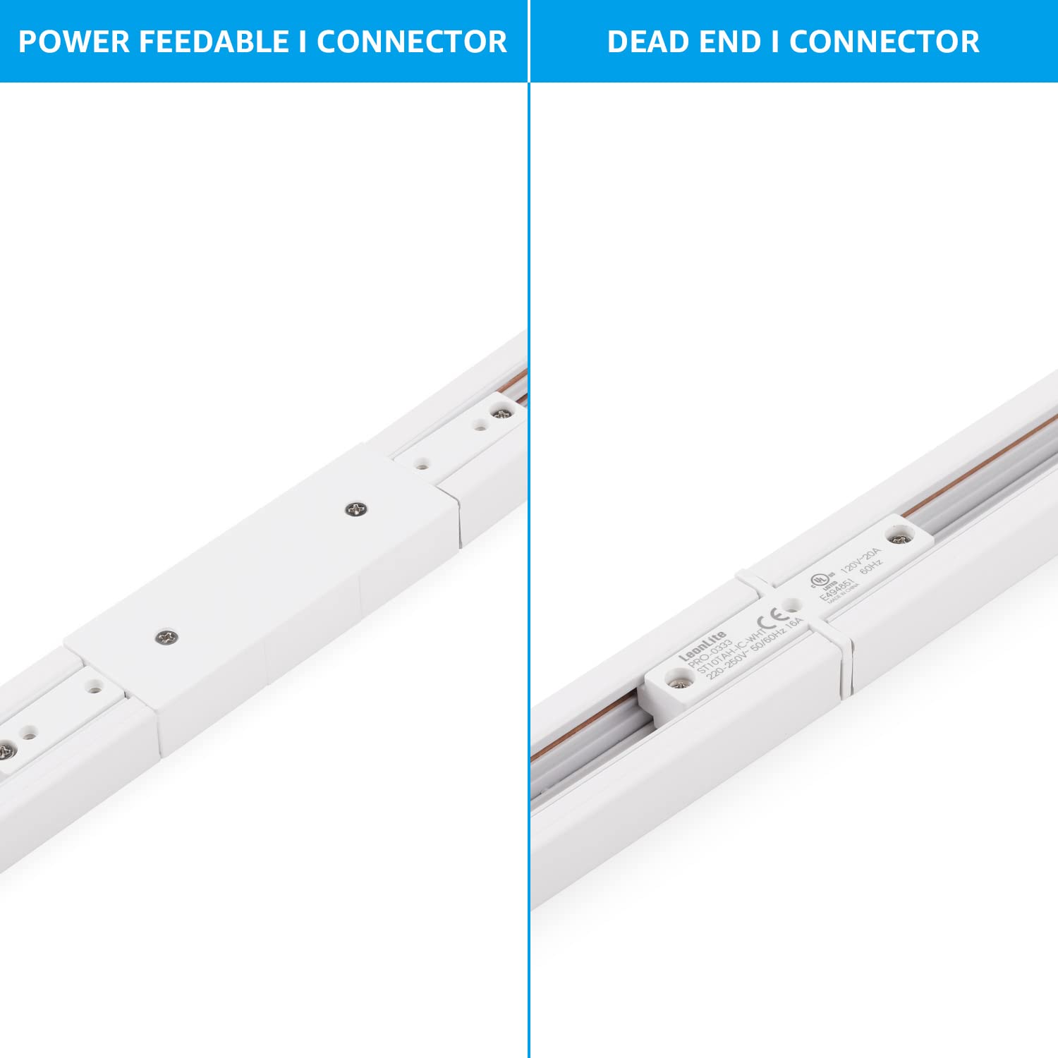 LEONLITE H Track Power Feedable I Connector, UL Listed, Polycarbonate, White, Model 49905