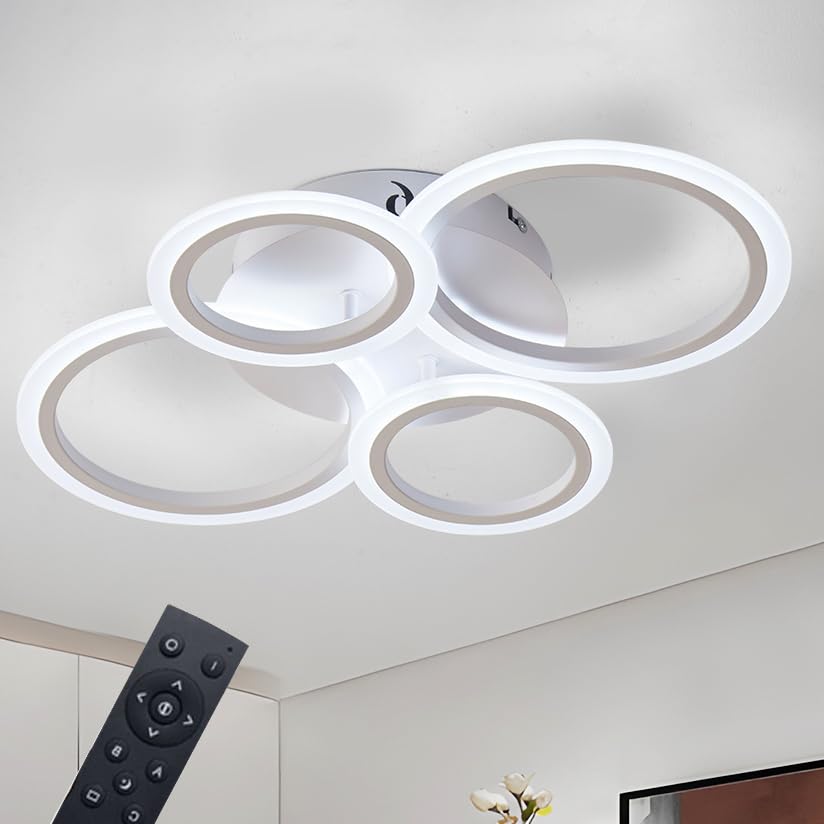 Cyaruy LED Ceiling Light with Remote, 3000K-6500K Dimmable, 4-Ring White Round Chandelier, Semi-Flush Mount Ceiling Lamp for Liv