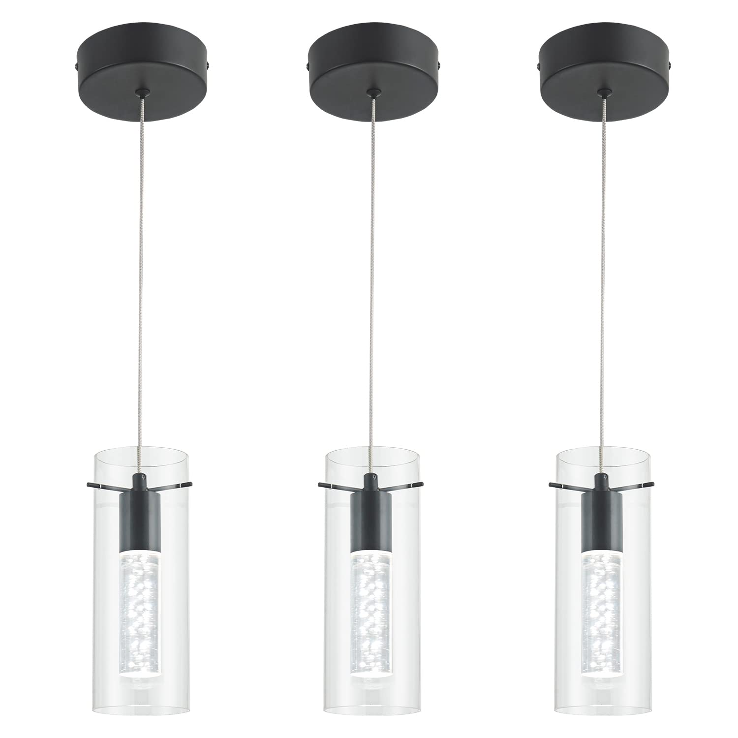 BESTWEST Black Pendant Light, Modern Kitchen Island Fixture, Glass, 3 Pack, BW-03, Sand Black