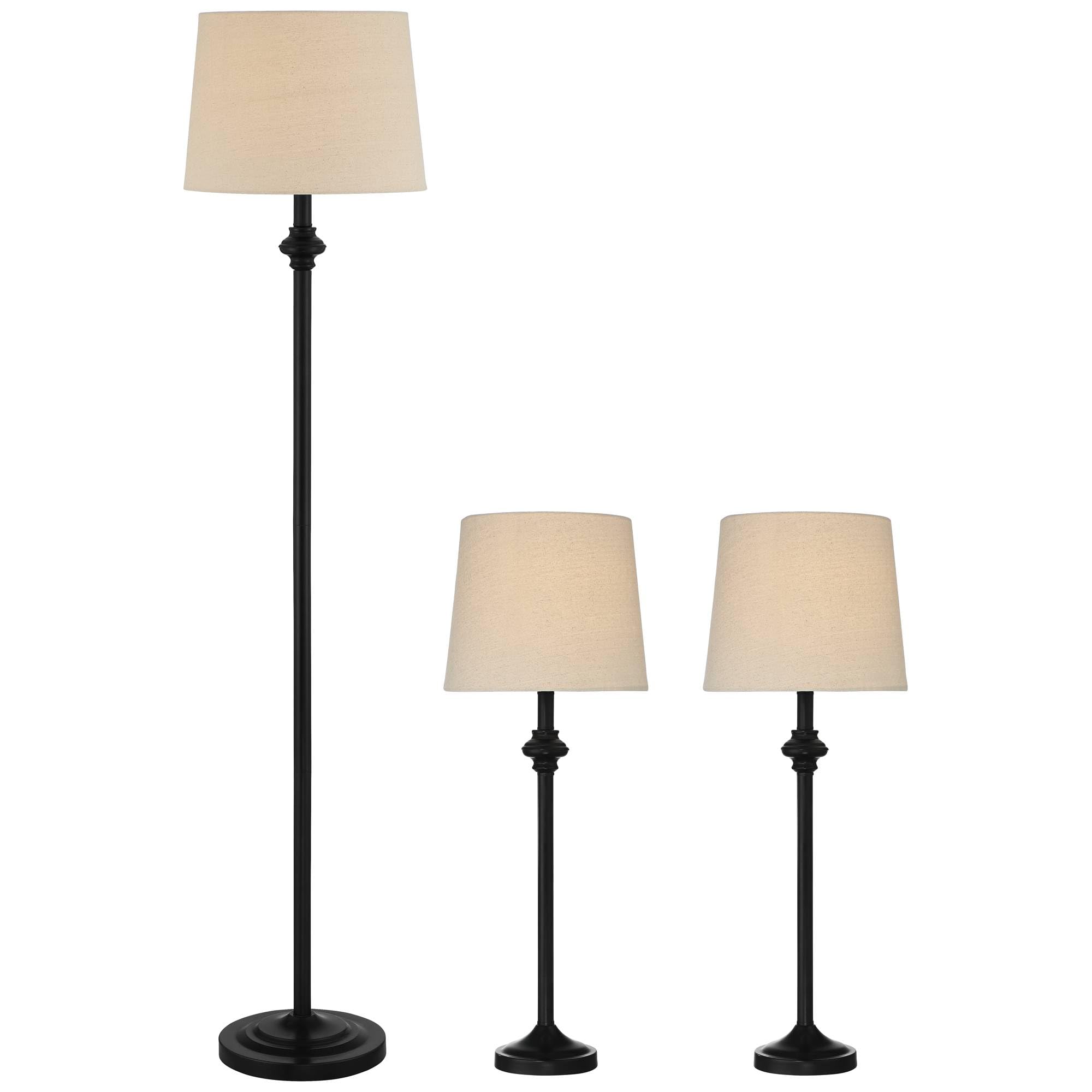 360 Lighting Carter Traditional 3 Piece Table Floor Lamp Set Black Metal Cream Fabric Tapered Drum Shade Decor for Living Room B