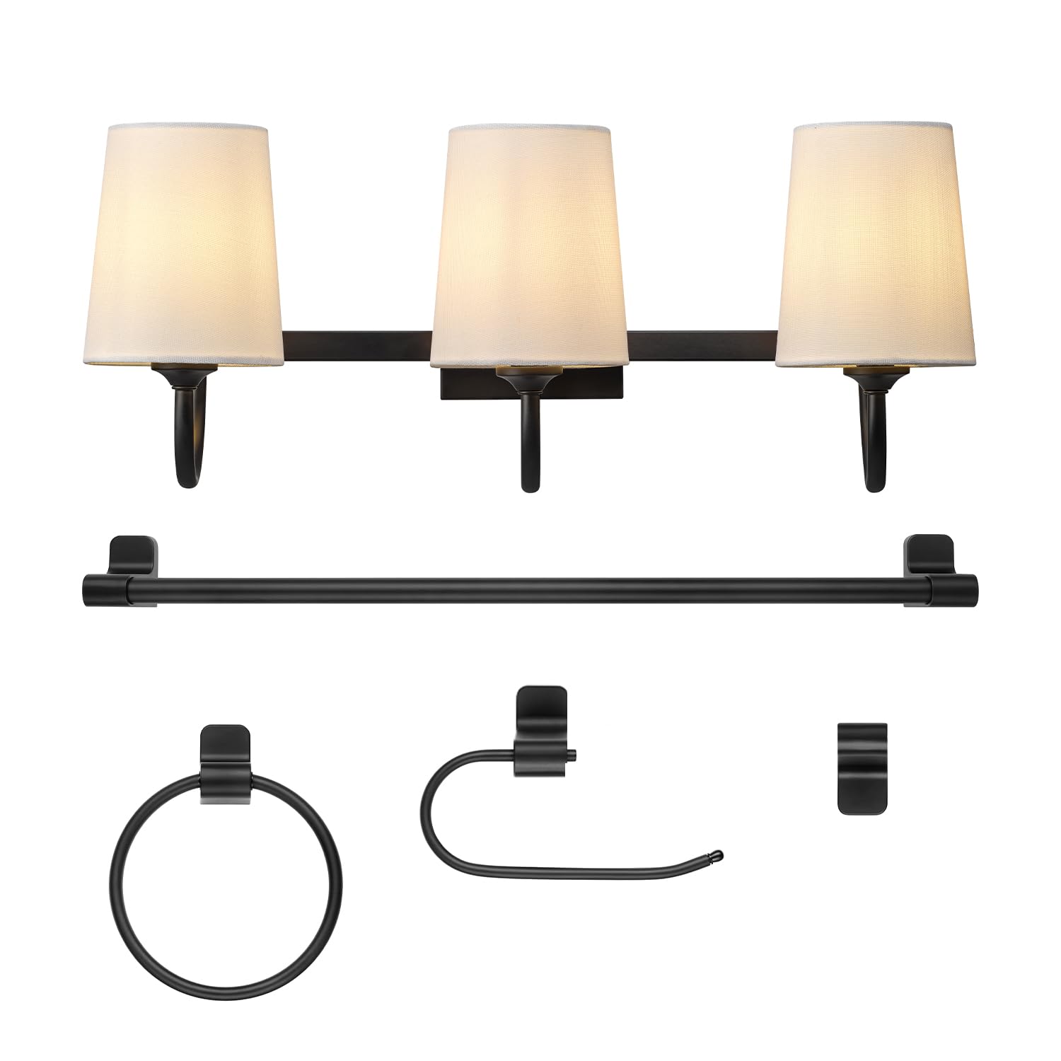 Globe Electric 63000206 5-Piece All-In-One Bath Set With 22'' 3-Light Vanity Light, Matte Black, Damp Rated Linen Shades, Towel