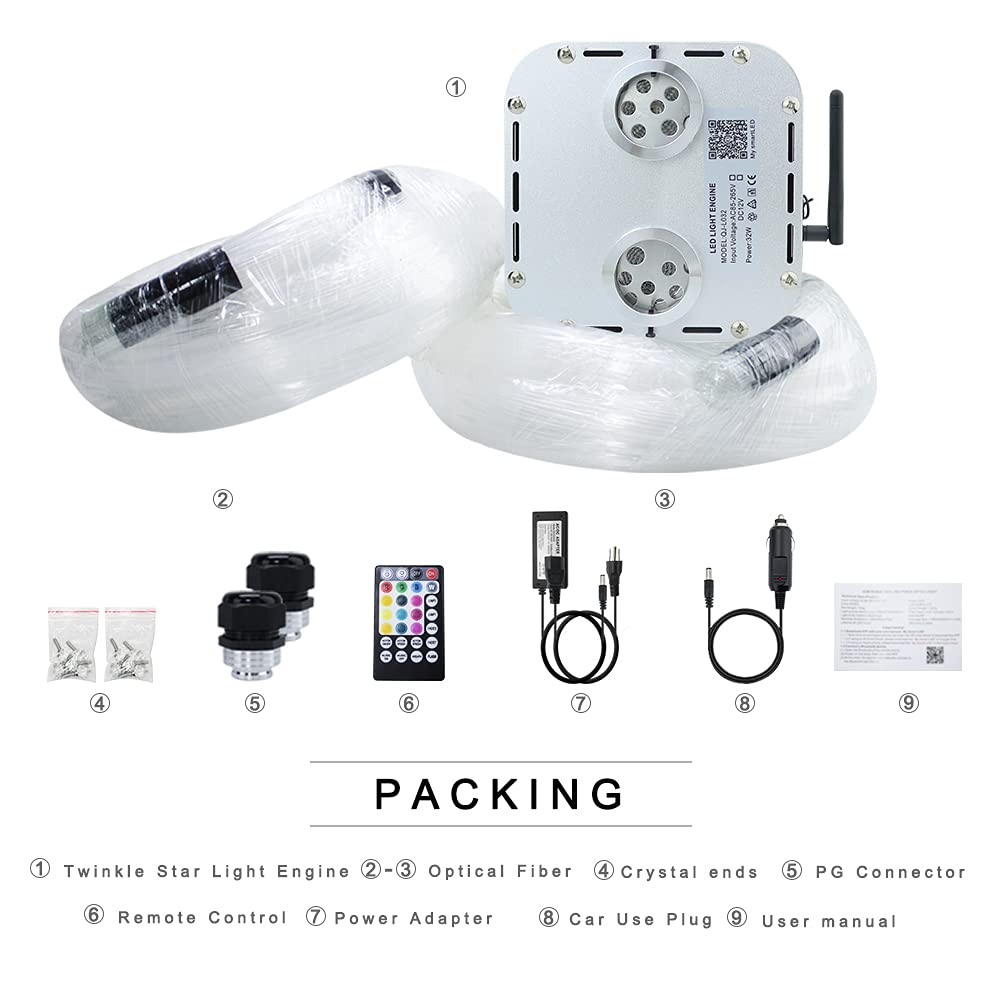 Akepo 32W App Twinkle Dual Head Fiber Optic Lights Kit Music Activated Rgbw Star Ceiling Sky Light, 2000Pcs 16.4Ft/5M 0.03In/0.7