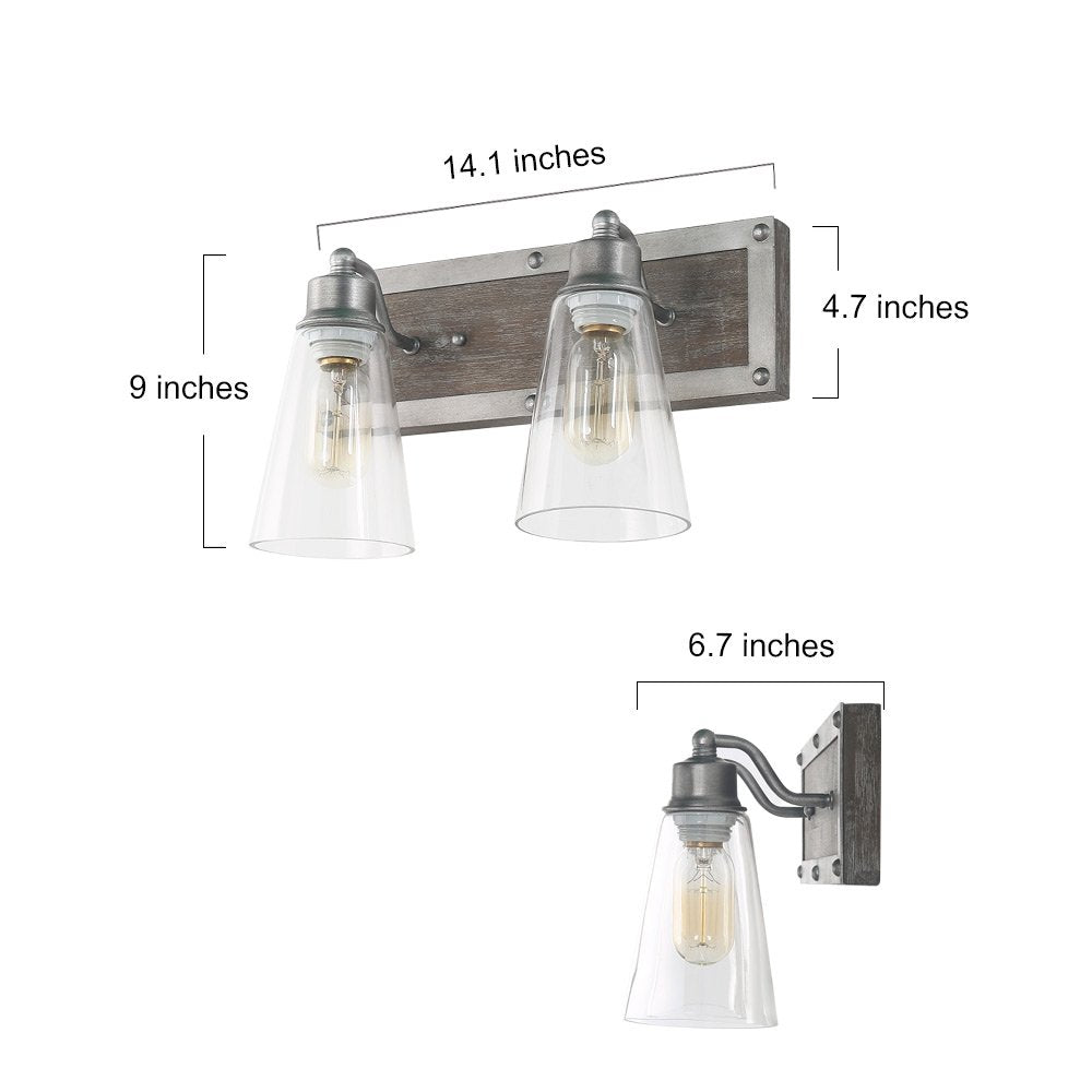 LOG BARN 2 Lights Bathroom Vanity Fixture, Distressed Wood & Brushed Antique Silver, Cone Glass Shades, 14.1in Farmhouse Design