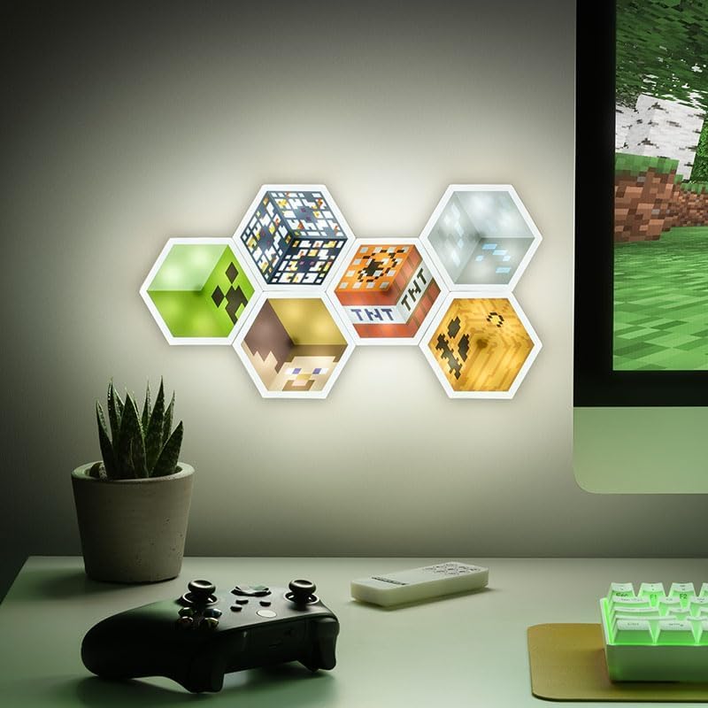 Paladone Minecraft Officially Licensed Led Hexagon Block Light Customizable Iconic Gamer Decor For Boys Room, Wall Mounting Remote Or Touch Control Gaming Accessory Gift - Creeper, Tnt And Steve