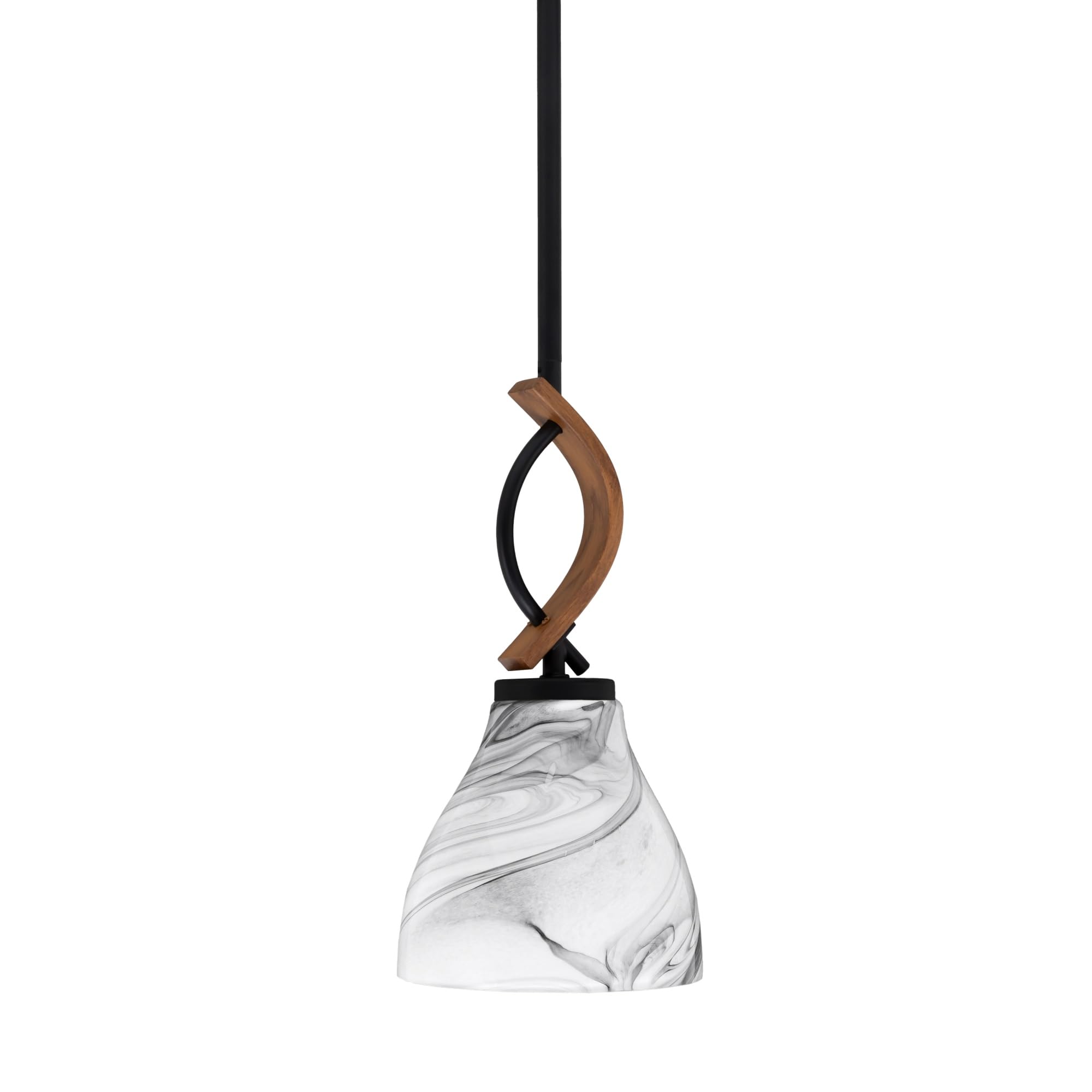 Toltec Lighting Monterey Stem Hung Mini Pendant, Matte Black & Wood-Look Finish, 6.25in Onyx Swirl Glass