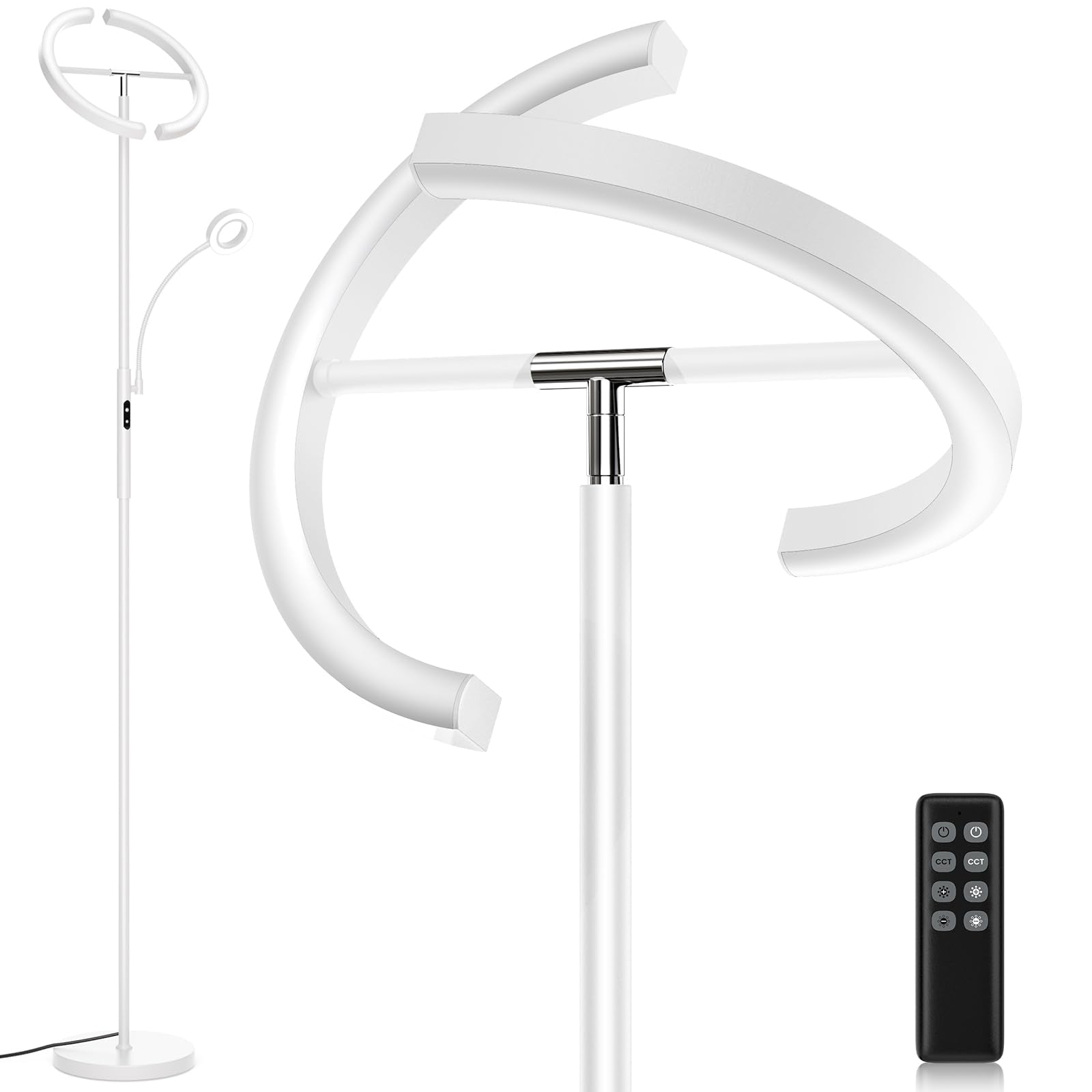 Sibrille White Led Floor Lamp - Dimmable 2 Lights Standing Lamp With Remote&Touch Control, 4 Color& 10 Brighness Adjustable Floo