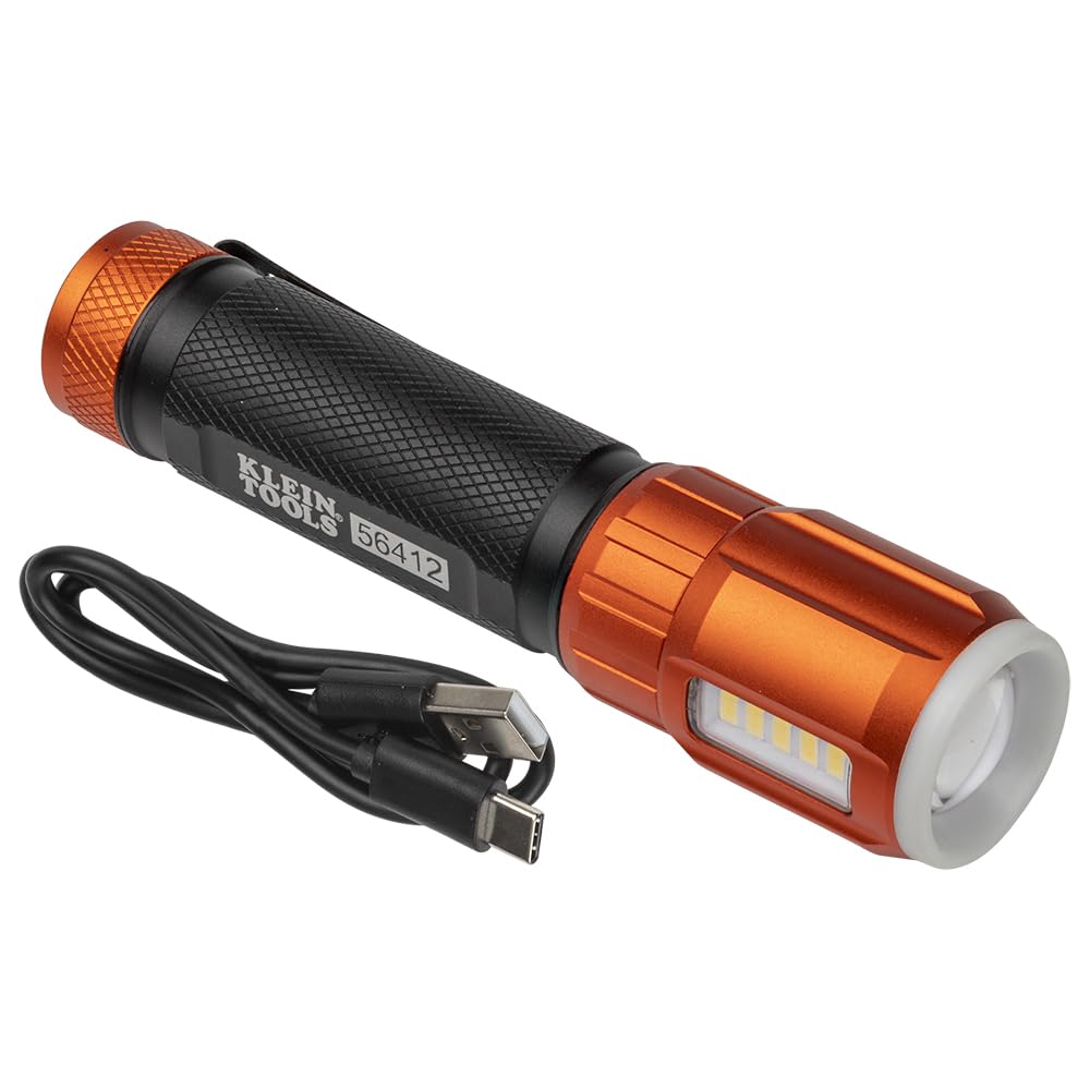 Klein Tools Rechargeable LED Flashlight, 500 Lumens, USB-C, Black, Model 56412, Anodized Aluminum, Pocket Clip, Magnet