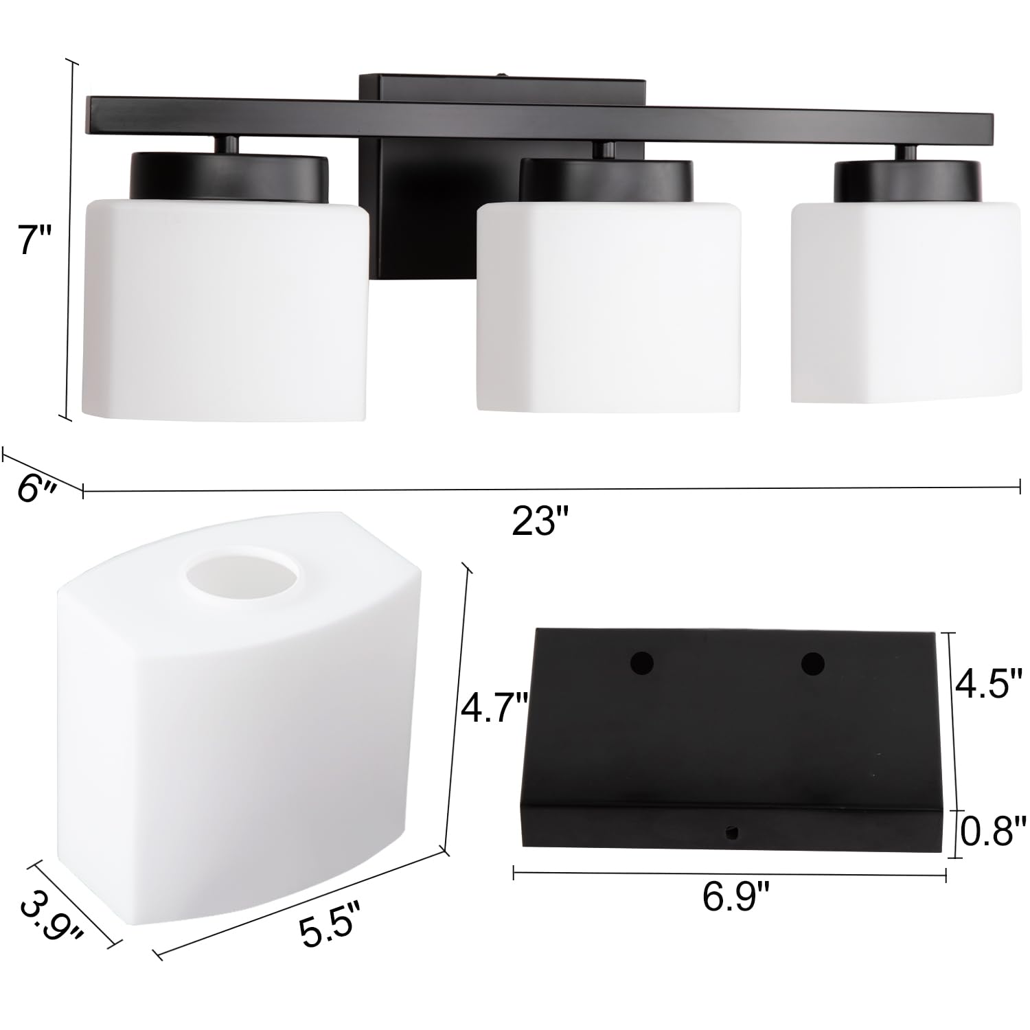 Dosoty 3-Light Bathroom Vanity Light Fixture Over Mirror  Modern Matte Black Vanity Lights With Milky Glass Shade  23 Inches Vanity Lighting Fixtures For Bathroom Lighting
