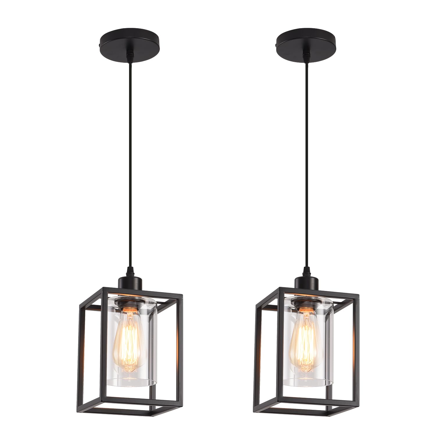 AOJUNSANSAN Black Pendant Light Fixture, Metal Glass, Adjustable Height, Industrial Lantern for Kitchen Island, Model AJ-P201