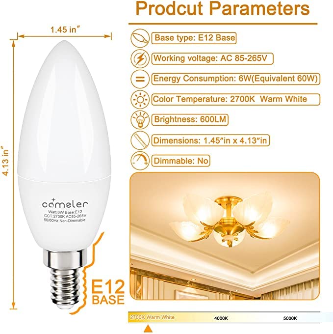 Comzler 8 Pack Candelabra Led Light Bulbs E12 Base 60 Watt Equivalent, 2700K Warm White B11 Chandelier E12 Small Base Type B Lig