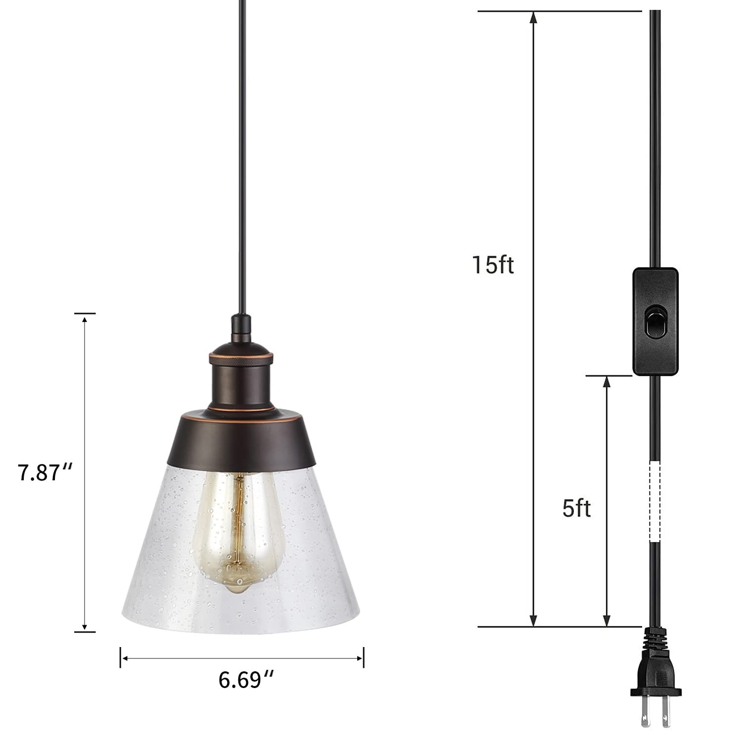 Fivess Lighting Rustic Glass Pendant Light, Mini Size, Handblown Clear Seeded, 15ft Cord, On/Off Switch, Oil Rubbed Bronze, Model FSS3203-1