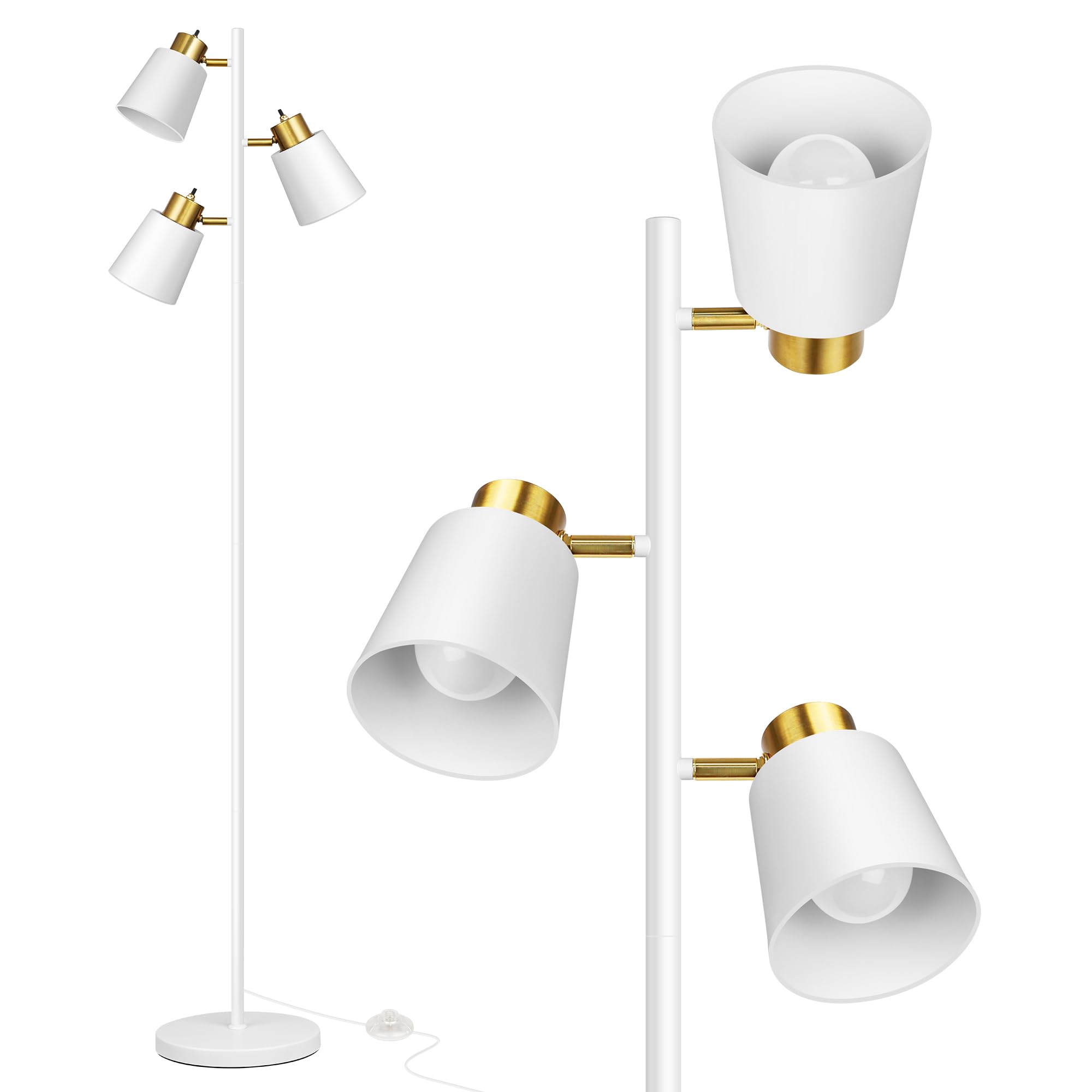 QiMH Tree Floor Lamp with 3 LED Bulbs, 67in Metal, White Gold, Model STR-FL-0174, Industrial Style for Living Room, Bedroom, Office