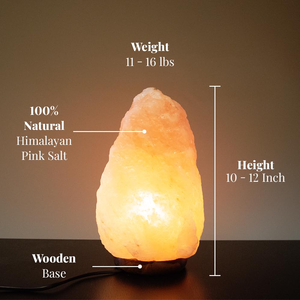 Pohs 10-12 Inches Tall- Extra Large,11-15 Lbs, 100% Authentic Natural Himalayan Pink Salt Lamp, Hand Crafted Wooden Base, Bulb Replacement Included