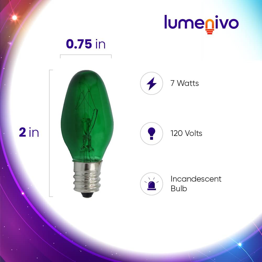 lumenivo C7 Green Night Light Bulb 7W Candelabra Base - 8 Pack, Decorative Replacement Bulbs, 120V