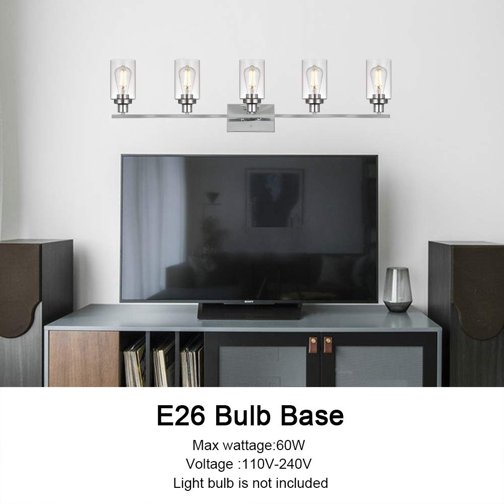 MELUCEE Modern Vanity Lights for Bathroom 5 Lights Chrome Finish with Clear Glass Shade, Contemporary Metal Wall Light Fixtures