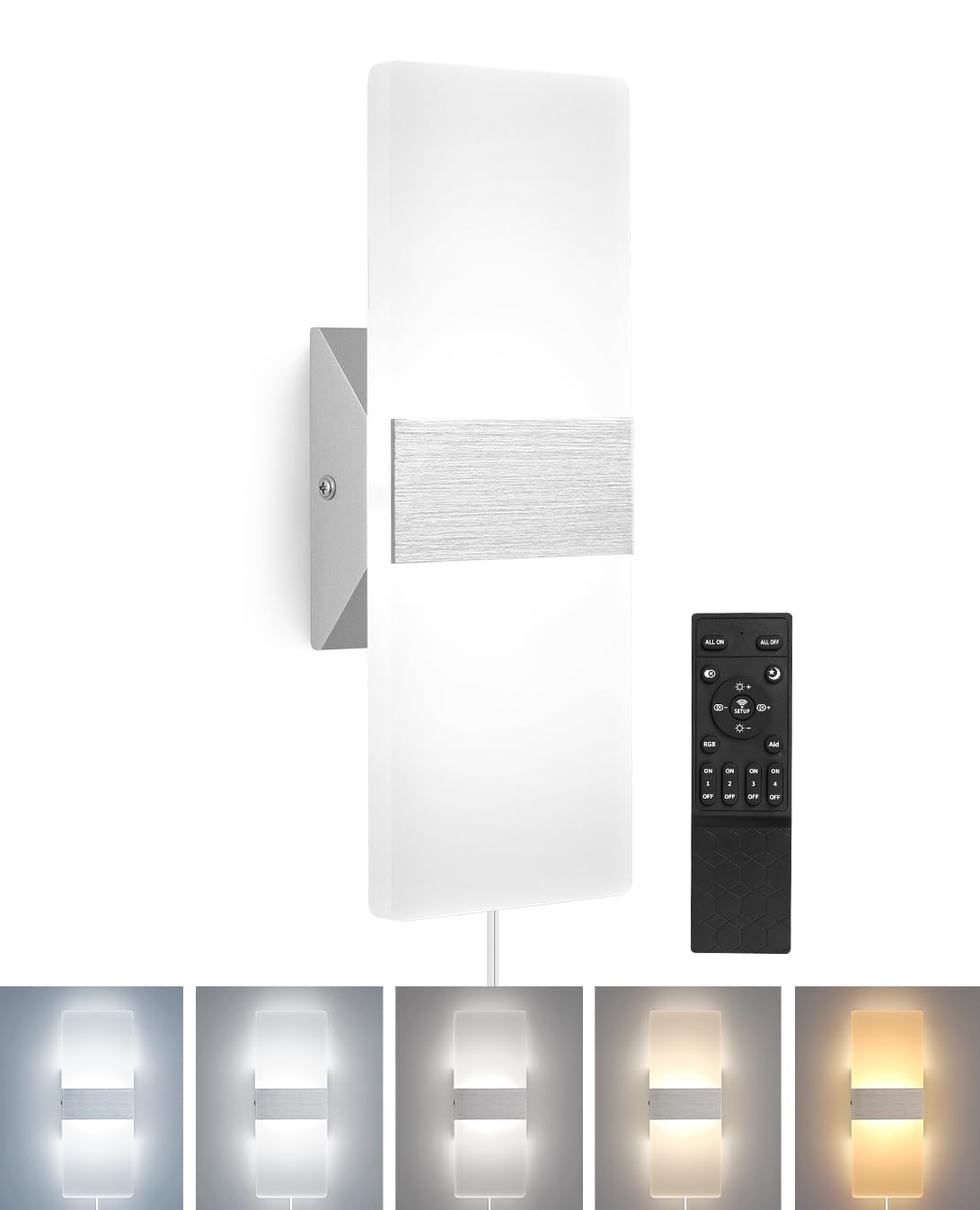 Plug In Wall Sconce With Remote Control, 3000K-6500K Stepless Color Temperature, 10%-100% Stepless Dimmable, 12W Plug In Wall Li