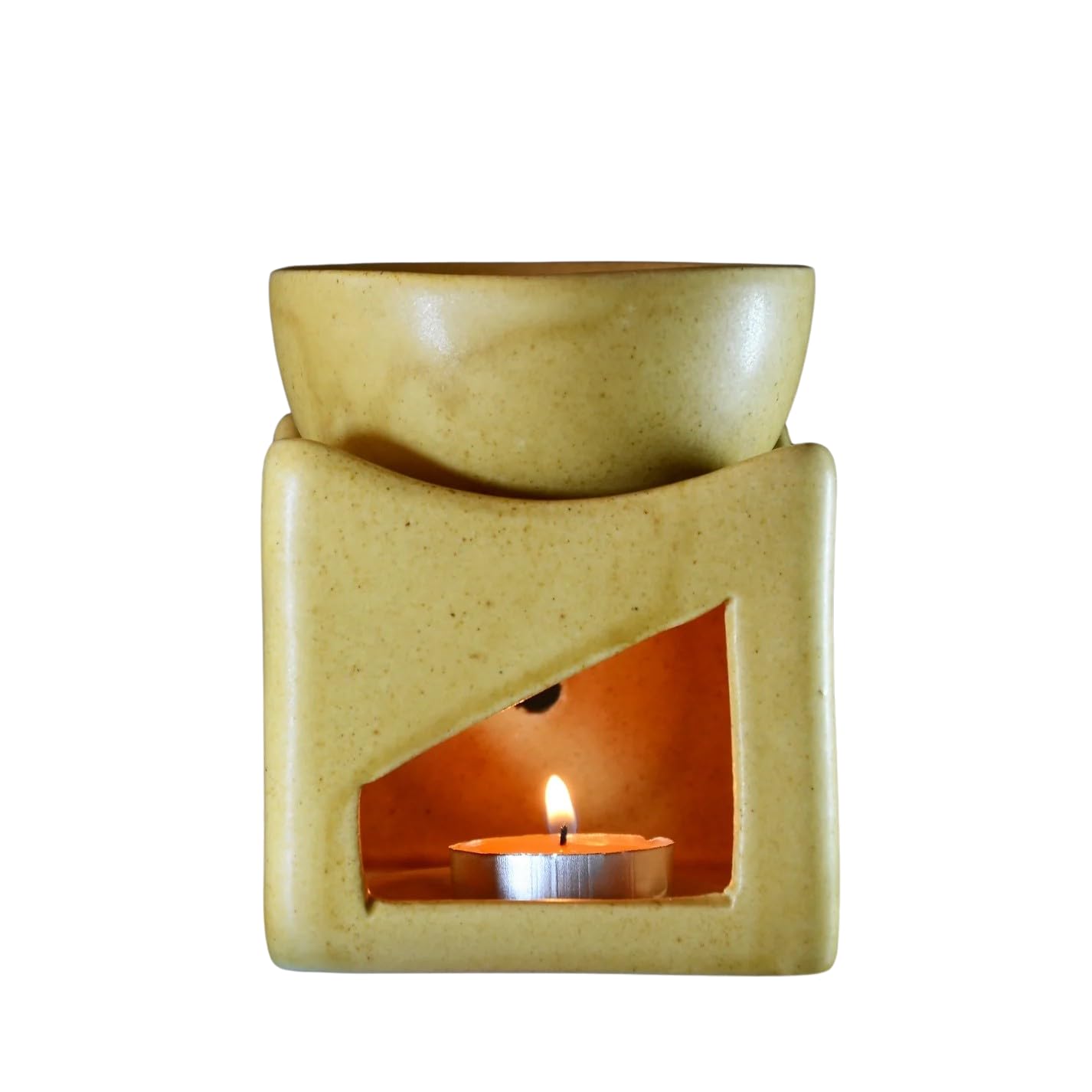 Mkd2 Rise Ceramic Clay Candle Operated Aroma Burner Oil Diffuser/Oil Burner Lamp with 1 Tealight (Mustard, Square) for Fragrance