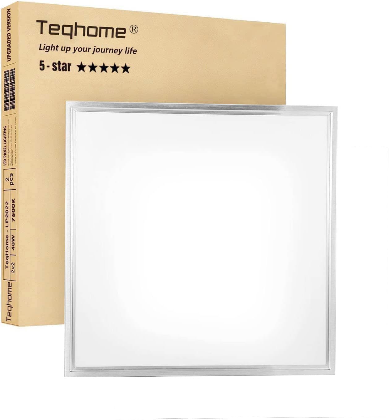 TeqHome LED Flat Panel Light 2x2 ft, 48W, 5800LM, 7500K, Aluminum, White, Model LP-2022, 1 Pack