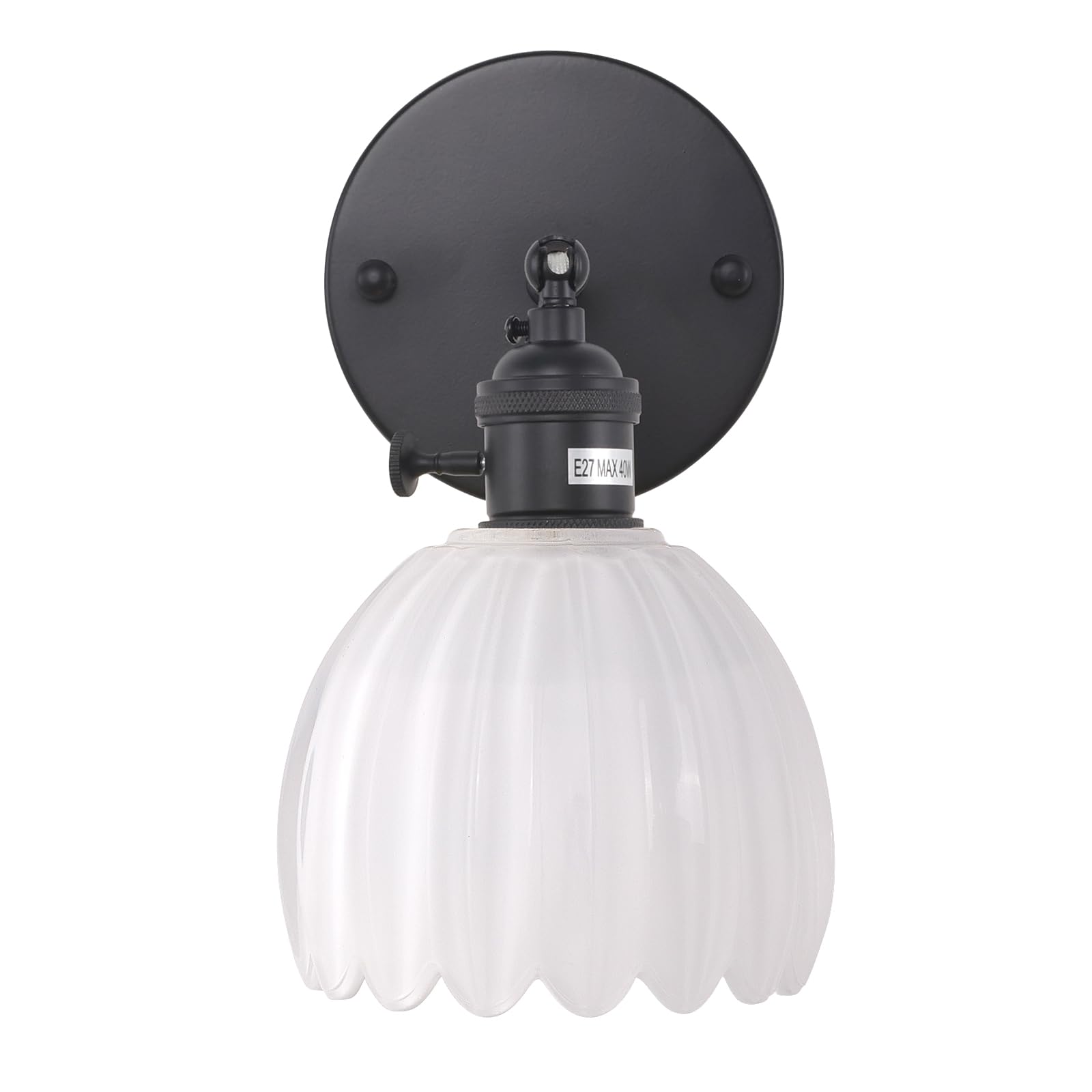 Shenmoyl Vintage Wall Sconce, 1 Light Hardwired, Black Base, Tulip White Glass Lampshade, 180° Adjustable, Model 1-9412