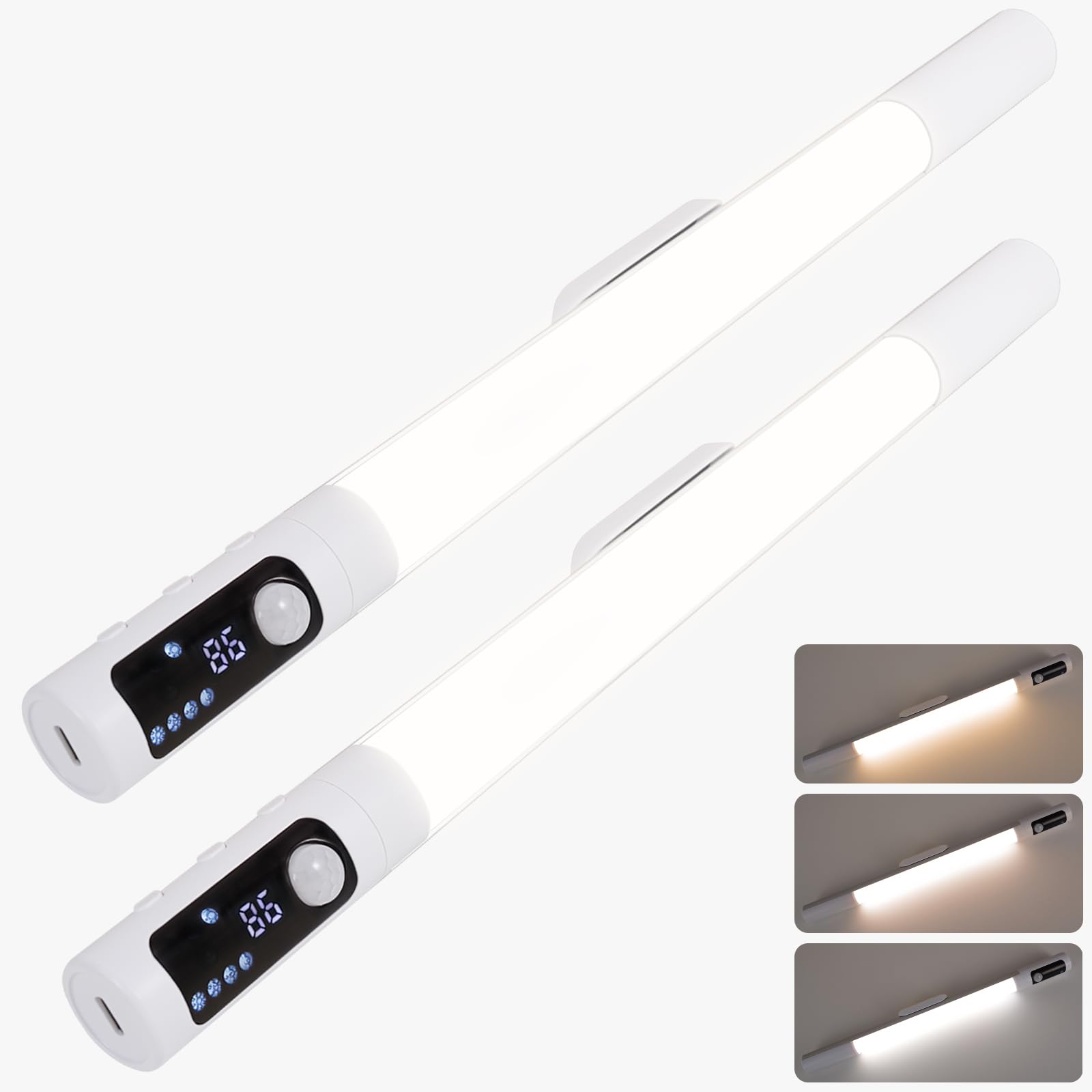 DEXULESA 15.2 2 Pack Motion Sensor Under Cabinet Lighting with Digital Display, 4 Brightness & 3 Color Temperatures, Rechargeabl
