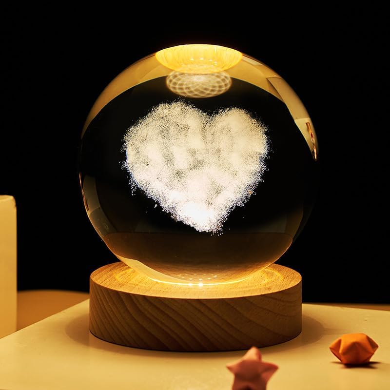 JANARARY 3D Galaxy Crystal Ball Night Light with Colorful LED Base, Remote, 6cm Heart-Shape Cloud Model, Ideal Gift for Kids