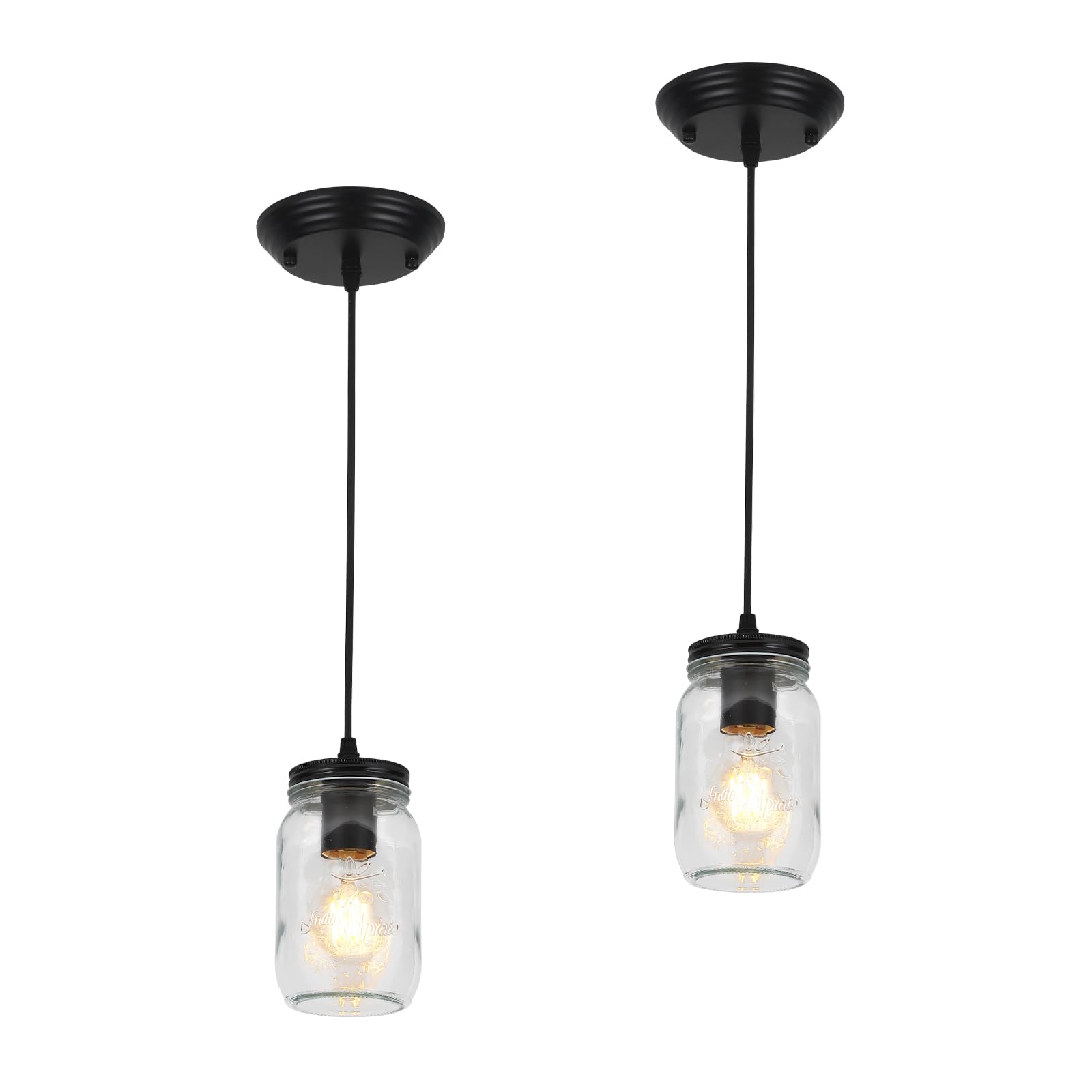 UShe DHome Black Pendant Lights, 2 Pack Clear Glass, 2-Light, D 3.5in for Kitchen Island, Dining Room, Hallway