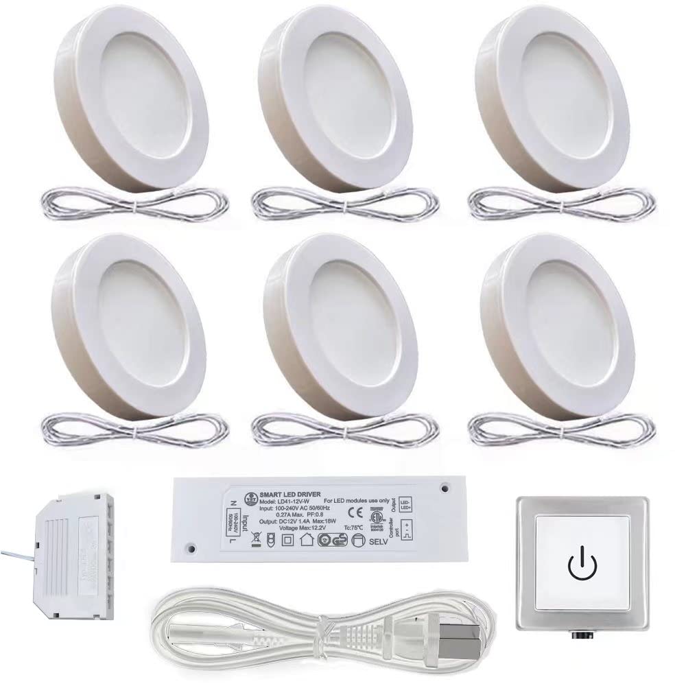 VST Under Cabinet Lighting Plug in with Wired Touch Dimmer Switch,Recessed or Surface Mount Design,Natural White 4000K 12V 2W(12W Total, 6 Pack White Puck Lights Fixtures