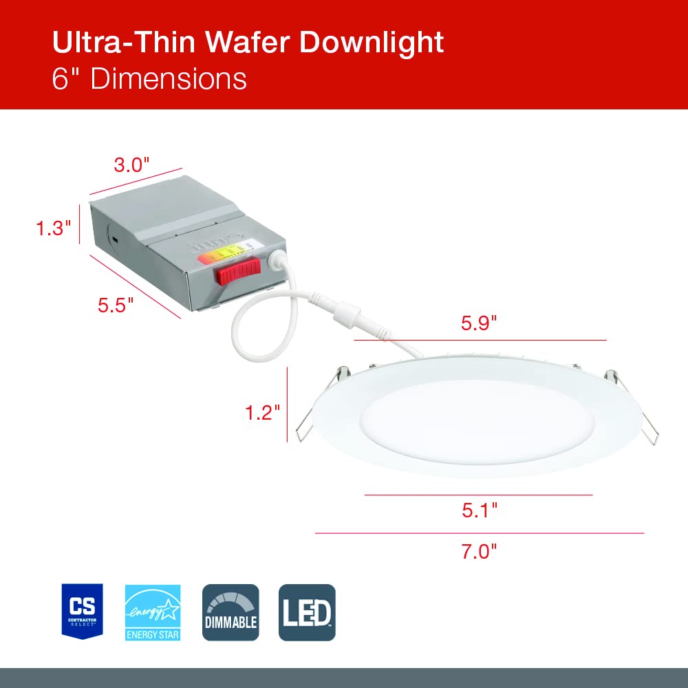 Juno Wafer Downlight 6 Inch, Led Recessed Lighting 6 Inch, Switchable Color Temperature 2700K/3000K/3500K/4000K/5000K, 120 Volts