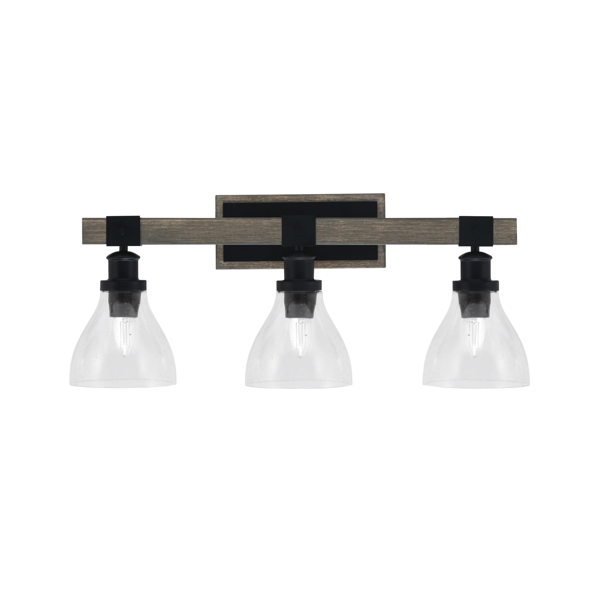 Toltec Lighting Tacoma 3 Light Bath Bar, Matte Black & Distressed Wood-Look, 6.25in Clear Bubble Glass