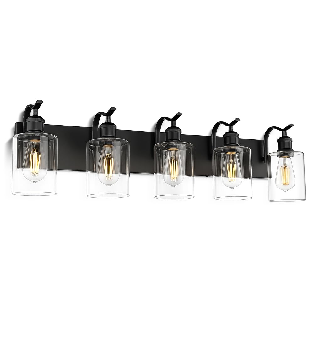 JAZAVA 5-Light Bathroom Vanity Light, Modern Black Wall Sconces with Clear Glass Shade, Model ZCVL01BK-5
