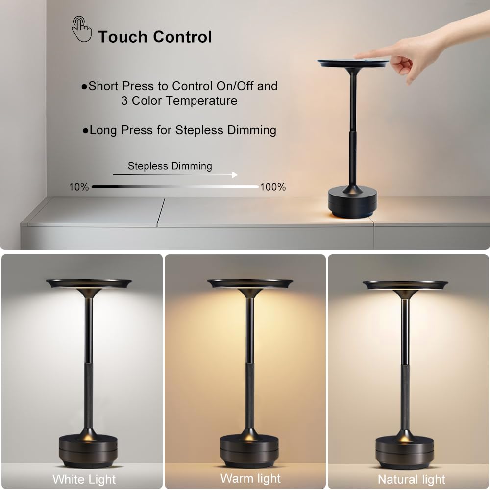 Rechargeable Cordless Table Lamps, Portable 5000Mah Outdoor Table Light, 3 Color Stepless Dimming Led Bedsidetable Lamp With Mem