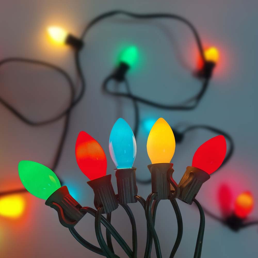 C7 Multicolor Christmas Lights Outdoor, 25Ft Vintage Christmas String Lights with 27 Multicolor Ceramic Incandescent Bulbs (2 Sp