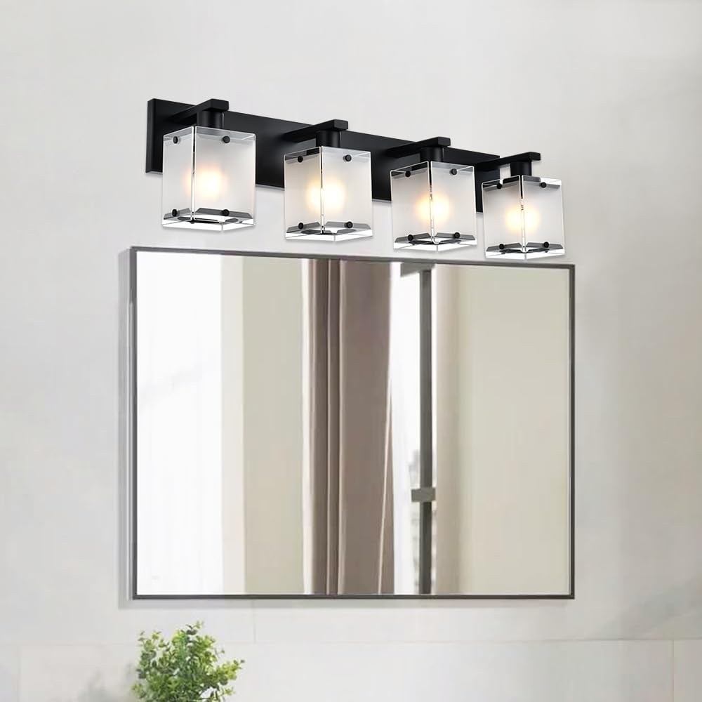 WINSHEN 4-Lights Bathroom Vanity Lighting, Black Metal Fixture with Frosted Glass Shade, Model 4WBL-XOTFZO