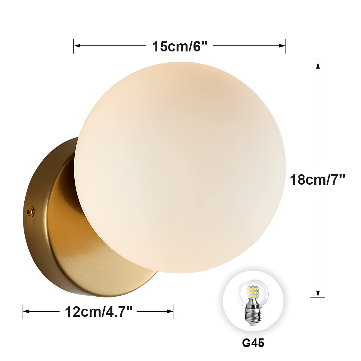 Bokt Mid Century Modern Gold Wall Sconce Lighting Fixture Small Milky Glass Globe Indoor Wall Lamp Brushed Brass Bathroom Wall Mounted Sconce 1-Light Vintage Wall Light (5.9”)