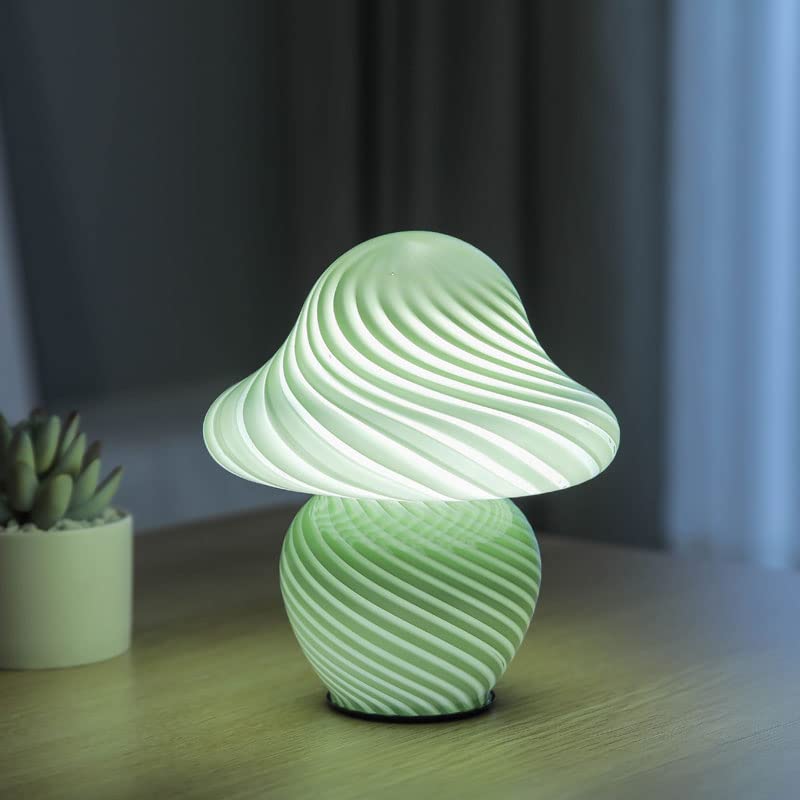 Cometmars Mushroom Lamp, Small Green Table Lamp With Striped Glass, Cute Little Swirl Sage Green Nightstand Lamp For Bedroom Bed