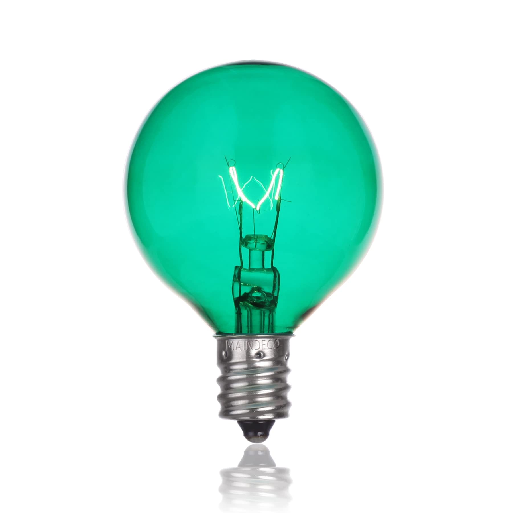 Maindeco 25 Pack G40 Replacement Bulbs,120V 5W Incandescent,E12 Base,For Indoor Outdoor String Lights-Green