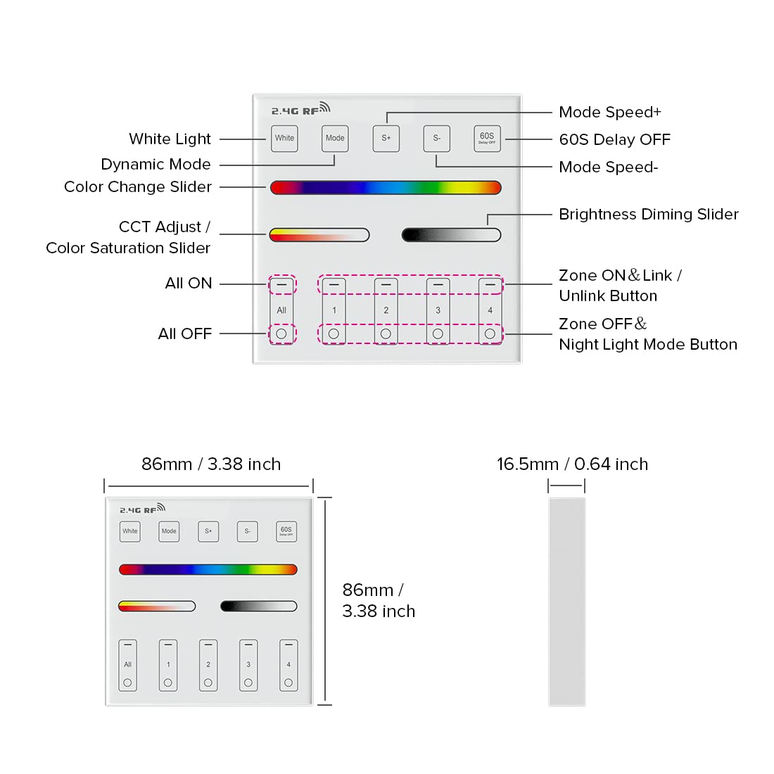 BTF-LIGHTING Wireless RGB Wall Mounted Smart Panel Remote, MiBoxer B4, RGBCCT, White, Powered by 2XAAA Batteries