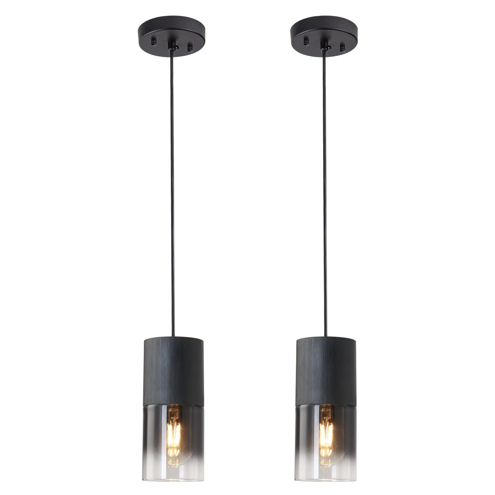 Linseeds 2-Pack Black Pendant Light Fixtures, Adjustable Modern Pendant Lights For Kitchen Island, Industrial Glass Pendant Lights For Dining Table Hallway Bedroom Living Room