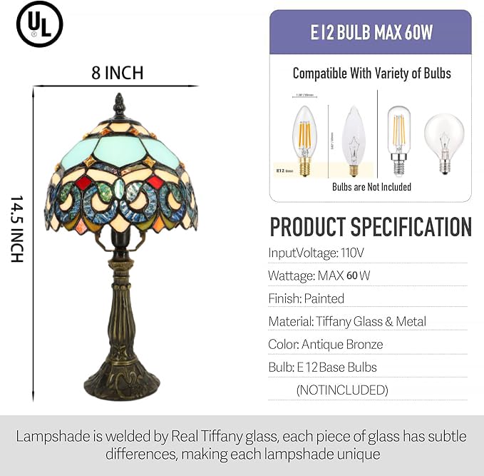 Lxhcyou Small Tiffany Lamp Mini Accent Table Lamp Stained Glass Desk Memory Lamp Sympathy 8X14.5 Inch (Sapphire Style)
