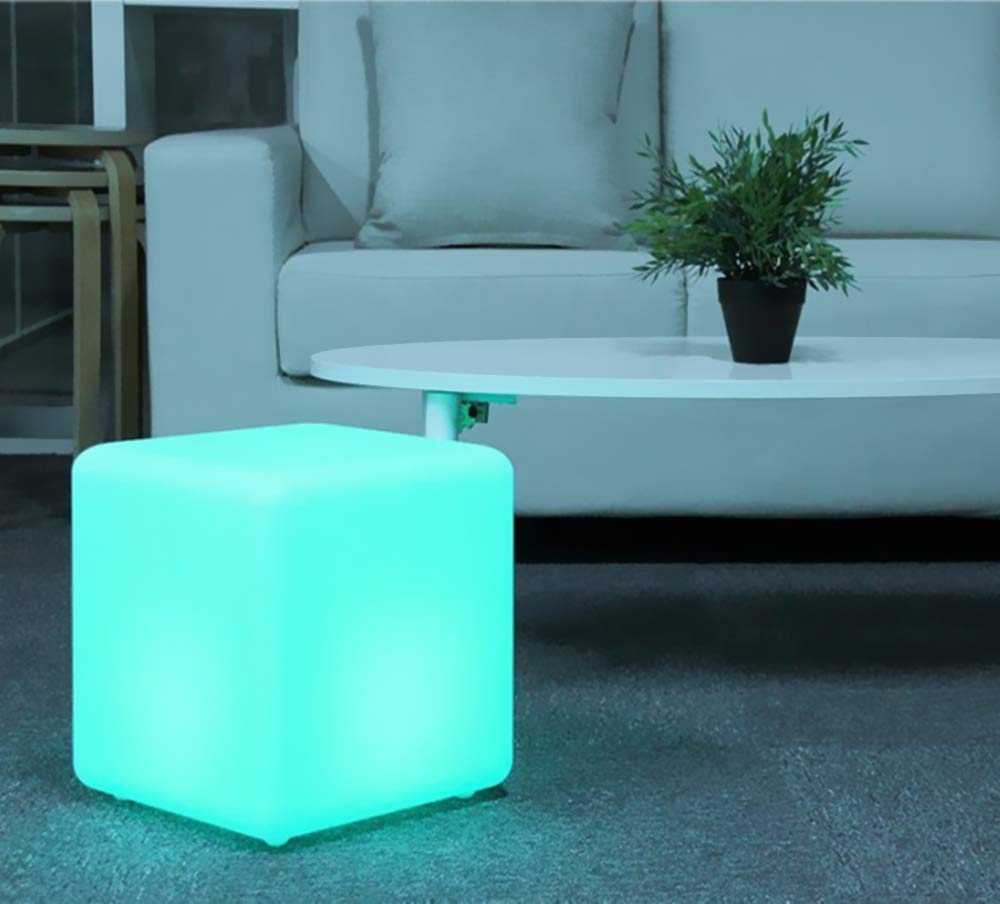 Mr.Go LED Light Cube Stool, 12-inch Rechargeable Mood Lamp, Remote Control, Polyethylene, Decorative Lighting for Home and Kids