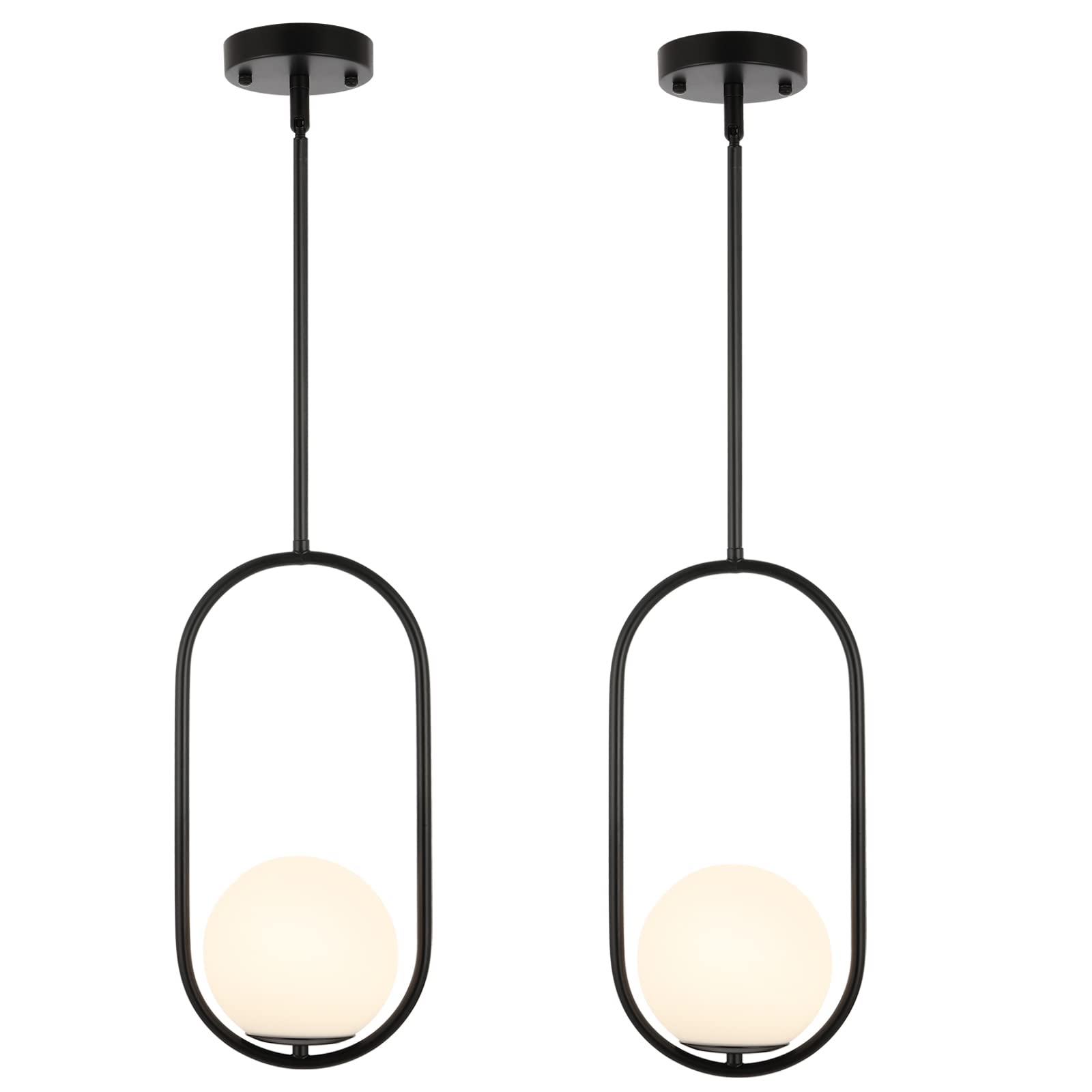 BYOLIIMA Modern Globe Pendant Light Mid Century Chandelier 1-Light Matte Black Ceiling Hanging Lighting Fixture with White Globe