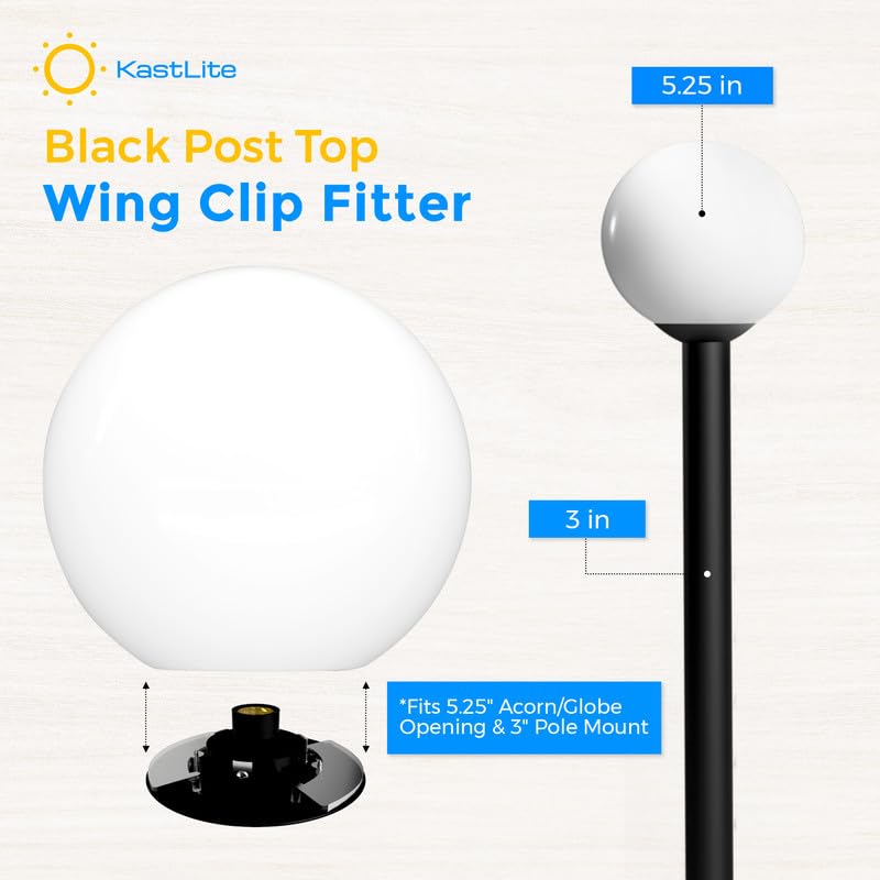 KastLite Black Post Top Wing Clip Fitter - 3in Pole Mount - Polycarbonate - Model KL0032 - 5.25in Acorn/Globe Opening - 5-Pack